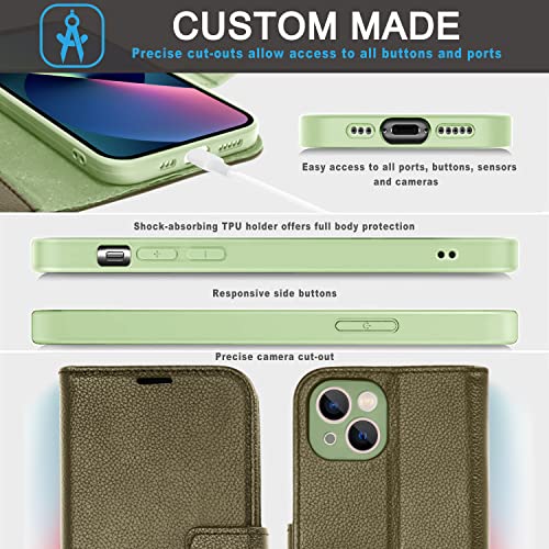 [Leather Wallet Case] Genuine Leather [RFID Blocking] Magnetic Flip Case with Card & Slots and Stand For iPhone 13 6.1"