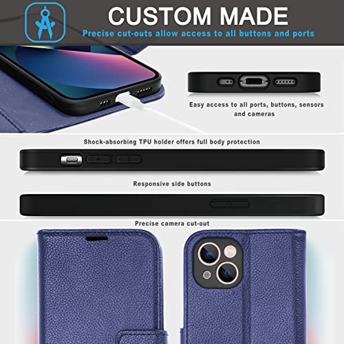[Leather Wallet Case] Genuine Leather [RFID Blocking] Magnetic Flip Case with Card & Slots and Stand For iPhone 13 6.1"