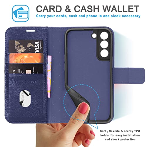 [Leather Wallet Case] Genuine Leather [RFID Blocking] Magnetic Flip Case with Card & Slots and Stand For Samsung Galaxy S22 Plus