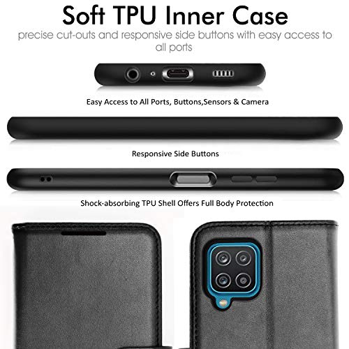 [Wallet Case] Protective Cover with Cash & Card Holder, Stand and Wrist Strap For Samsung Galaxy A12