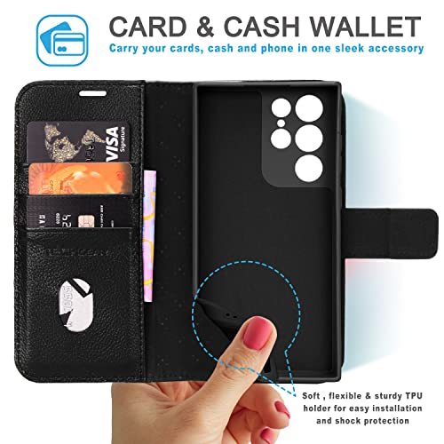 [Leather Wallet Case] Genuine Leather [RFID Blocking] Magnetic Flip Case with Card & Slots and Stand For Samsung Galaxy S22 Ultra