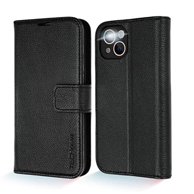 [Leather Wallet Case] Genuine Leather [RFID Blocking] Magnetic Flip Case with Card & Slots and Stand For iPhone 13 6.1"