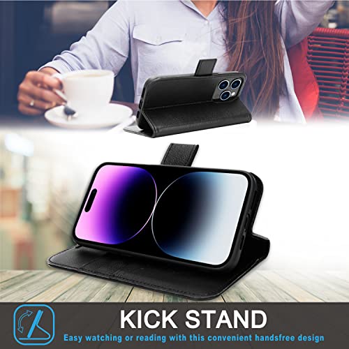 [Leather Wallet Case] Genuine Leather [RFID Blocking] Magnetic Flip Case with Card & Slots and Stand For iPhone 14 Pro Max