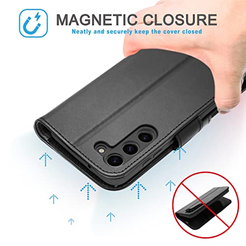 [Leather Wallet Case] Genuine Leather [RFID Blocking] Magnetic Flip Case with Card & Slots and Stand For Samsung Galaxy S23 Plus
