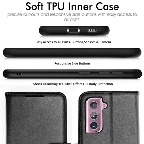 [Wallet Case] Protective Cover with Cash & Card Holder, Stand and Wrist Strap For Samsung Galaxy S21