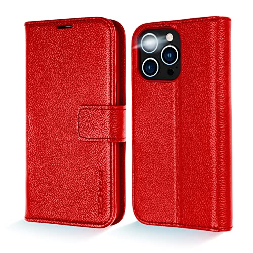 [Leather Wallet Case] Genuine Leather [RFID Blocking] Magnetic Flip Case with Card & Slots and Stand For iPhone 14 Pro