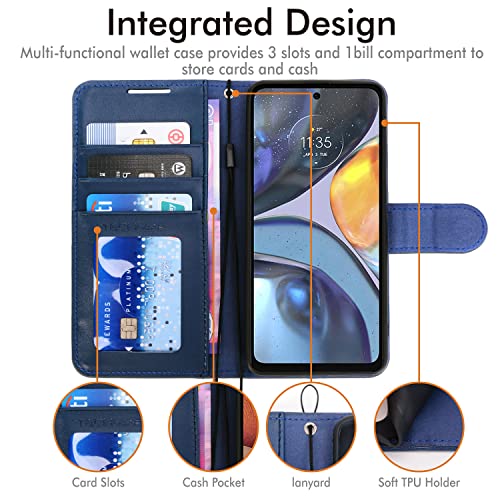 [Wallet Case] Protective Cover with Cash & Card Holder, Stand and Wrist Strap For Motorola Moto G22