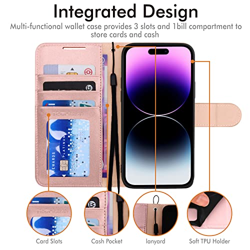 [Wallet Case] Protective Cover with Cash & Card Holder, Stand and Wrist Strap For Apple iPhone 14 Pro