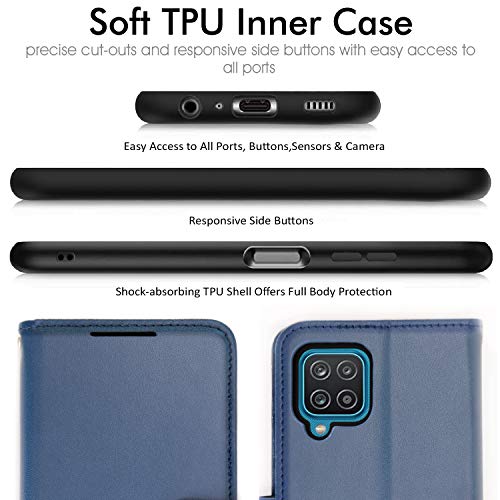 [Wallet Case] Protective Cover with Cash & Card Holder, Stand and Wrist Strap For Samsung Galaxy A12