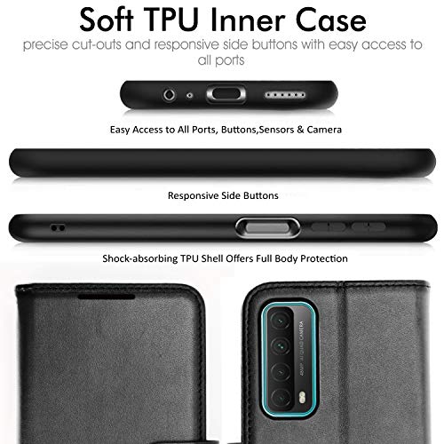 [Wallet Case] Protective Cover with Cash & Card Holder, Stand and Wrist Strap For Huawei P Smart 2021
