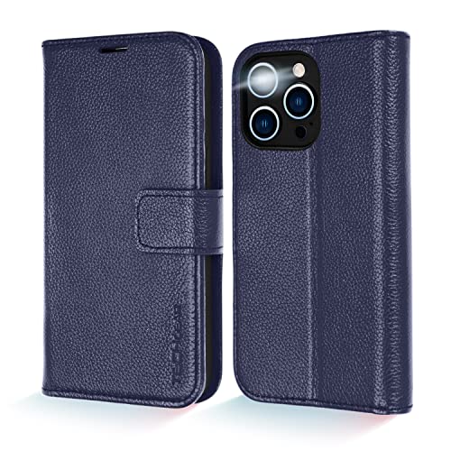 [Leather Wallet Case] Genuine Leather [RFID Blocking] Magnetic Flip Case with Card & Slots and Stand For iPhone 14 Pro