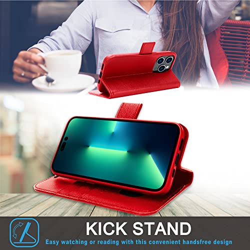 [Leather Wallet Case] Genuine Leather [RFID Blocking] Magnetic Flip Case with Card & Slots and Stand For iPhone 14 Pro