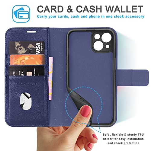 [Leather Wallet Case] Genuine Leather [RFID Blocking] Magnetic Flip Case with Card & Slots and Stand For iPhone 13 6.1"