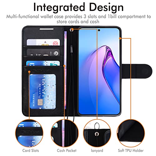 [Wallet Case] Protective Cover with Cash & Card Holder, Stand and Wrist Strap For Oppo Reno 8 Pro 5G