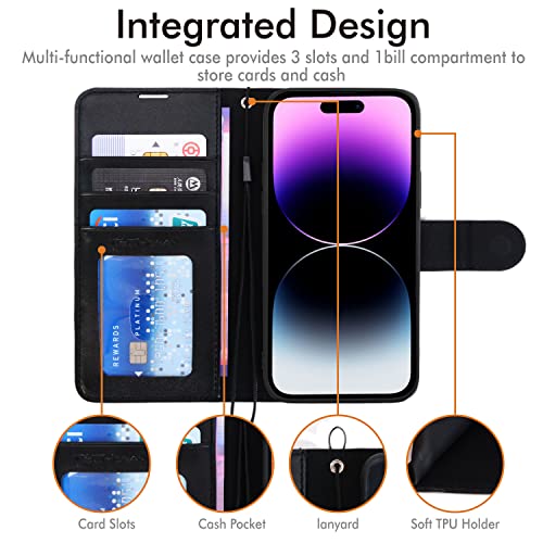 [Wallet Case] Protective Cover with Cash & Card Holder, Stand and Wrist Strap For Apple iPhone 14 Pro