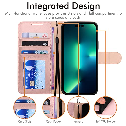[Wallet Case] Protective Cover with Cash & Card Holder, Stand and Wrist Strap For Apple iPhone 14 Pro Max