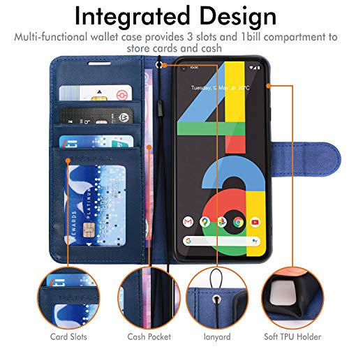 [Wallet Case] Protective Cover with Cash & Card Holder, Stand and Wrist Strap For Google Pixel 4a