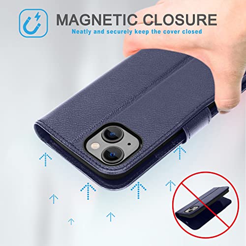 [Leather Wallet Case] Genuine Leather [RFID Blocking] Magnetic Flip Case with Card & Slots and Stand For iPhone 14 Plus