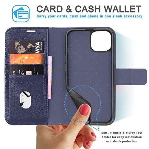 [Leather Wallet Case] Genuine Leather [RFID Blocking] Magnetic Flip Case with Card & Slots and Stand For iPhone 14 Plus