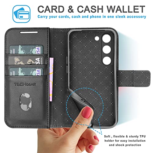 [Leather Wallet Case] Genuine Leather [RFID Blocking] Magnetic Flip Case with Card & Slots and Stand For Samsung Galaxy S23 Plus