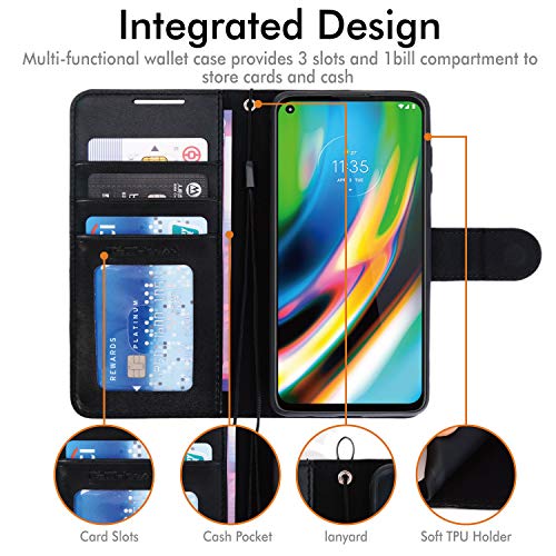 [Wallet Case] Protective Cover with Cash & Card Holder, Stand and Wrist Strap For Motorola Moto G9 Plus