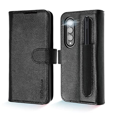 [Leather Wallet Case] Genuine Leather [RFID Blocking] Magnetic Flip Case with Card & Slots and Stand For Samsung Galaxyx Fold 4