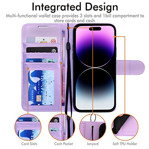 [Wallet Case] Protective Cover with Cash & Card Holder, Stand and Wrist Strap For Apple iPhone 14 Pro
