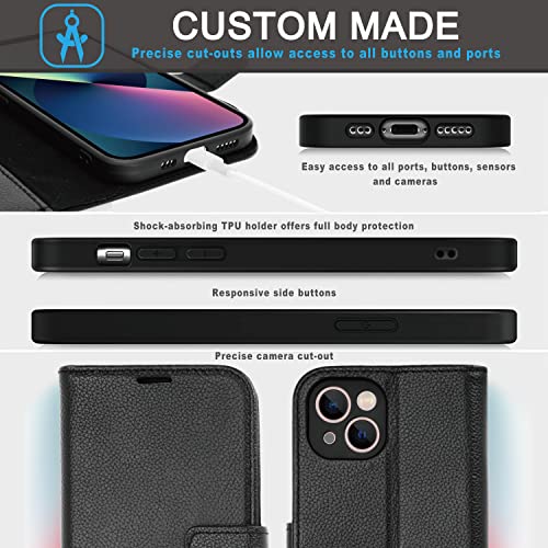 [Leather Wallet Case] Genuine Leather [RFID Blocking] Magnetic Flip Case with Card & Slots and Stand For iPhone 13 6.1"