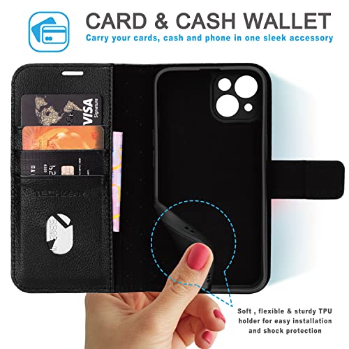 [Leather Wallet Case] Genuine Leather [RFID Blocking] Magnetic Flip Case with Card & Slots and Stand For iPhone 13 Pro