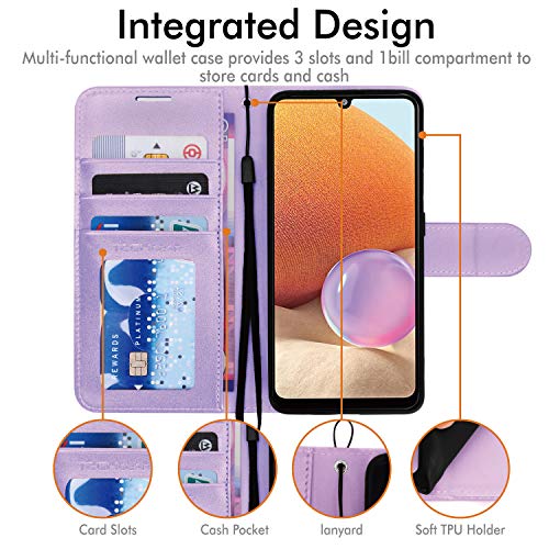 [Wallet Case] Protective Cover with Cash & Card Holder, Stand and Wrist Strap For Samsung Galaxy A32 5G