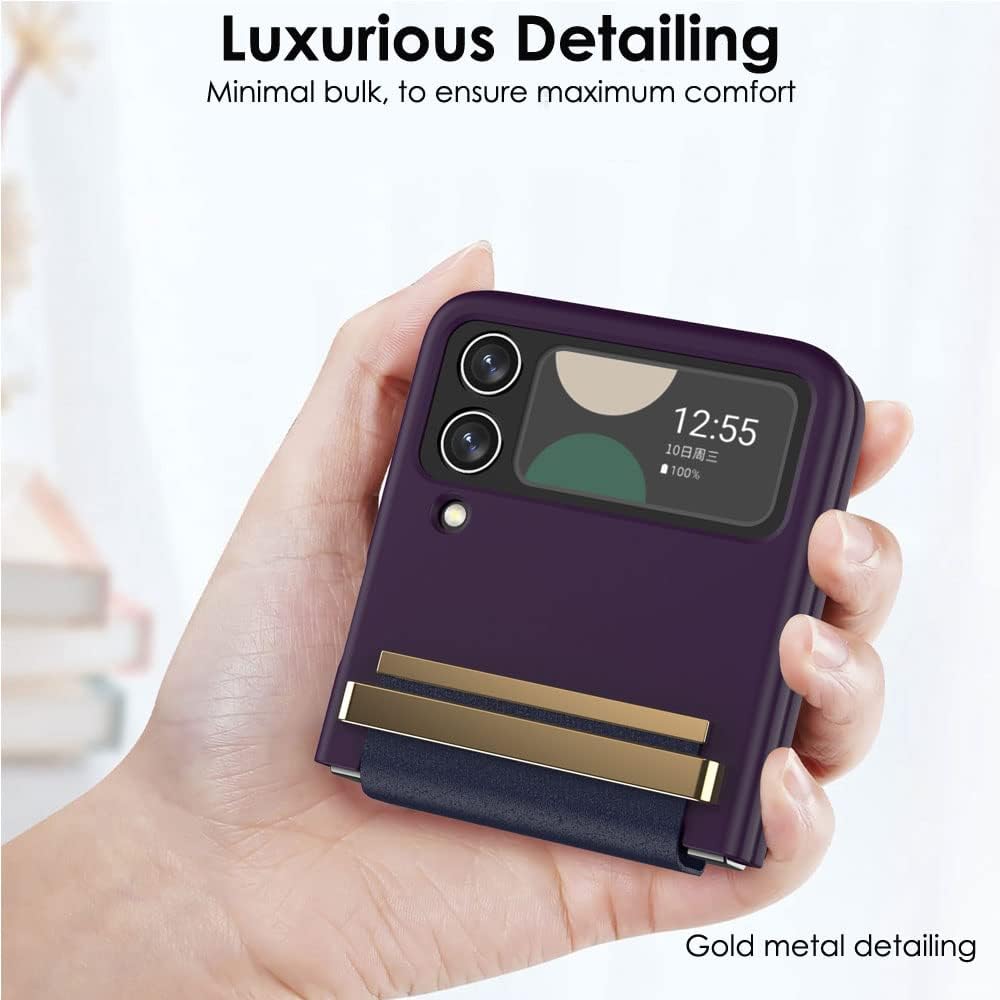 Samsung Galaxy Z Flip 4 Screen Protector Case, Z Flip 4 Case with Stylish Leather Hinge & Metal Trim, Hard PC Shockproof [Screen Protector] Case
