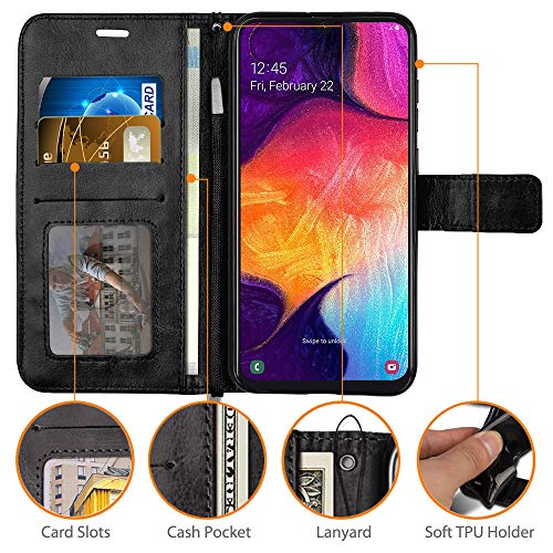 [Wallet Case] Protective Cover with Cash & Card Holder, Stand and Wrist Strap For Samsung Galaxy A50