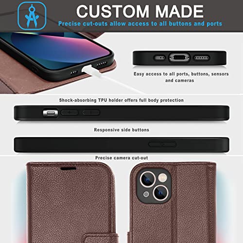 [Leather Wallet Case] Genuine Leather [RFID Blocking] Magnetic Flip Case with Card & Slots and Stand For iPhone 13 6.1"