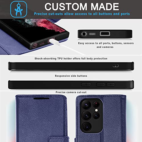 [Leather Wallet Case] Genuine Leather [RFID Blocking] Magnetic Flip Case with Card & Slots and Stand For Samsung Galaxy S22 Ultra
