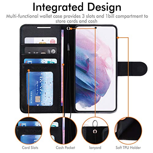 [Wallet Case] Protective Cover with Cash & Card Holder, Stand and Wrist Strap For Samsung Galaxy S21 Plus