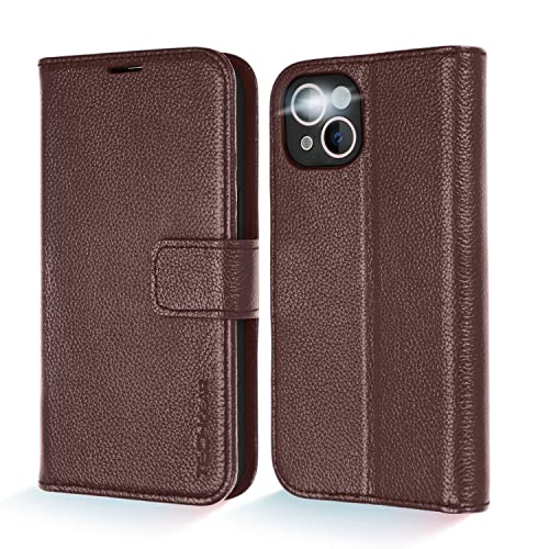[Leather Wallet Case] Genuine Leather [RFID Blocking] Magnetic Flip Case with Card & Slots and Stand For iPhone 13 6.1"
