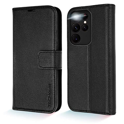 [Leather Wallet Case] Genuine Leather [RFID Blocking] Magnetic Flip Case with Card & Slots and Stand For Samsung Galaxy S22 Ultra