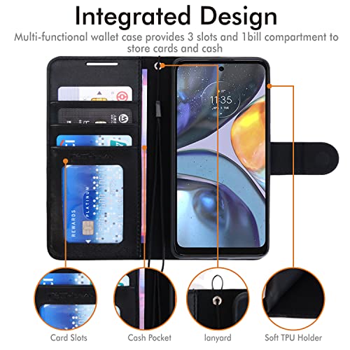 [Wallet Case] Protective Cover with Cash & Card Holder, Stand and Wrist Strap For Motorola Moto G22