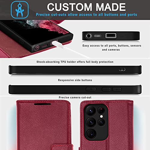 [Leather Wallet Case] Genuine Leather [RFID Blocking] Magnetic Flip Case with Card & Slots and Stand For Samsung Galaxy S22 Ultra