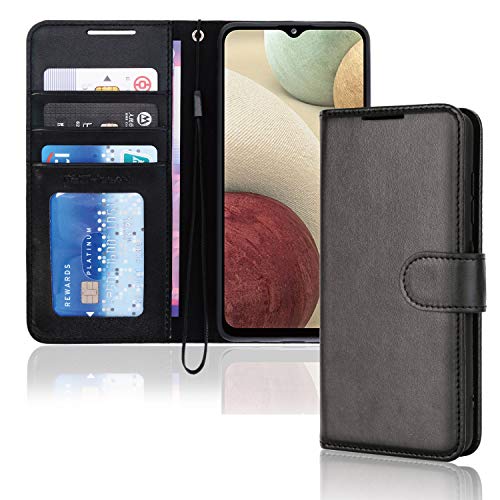 [Wallet Case] Protective Cover with Cash & Card Holder, Stand and Wrist Strap For Samsung Galaxy A12