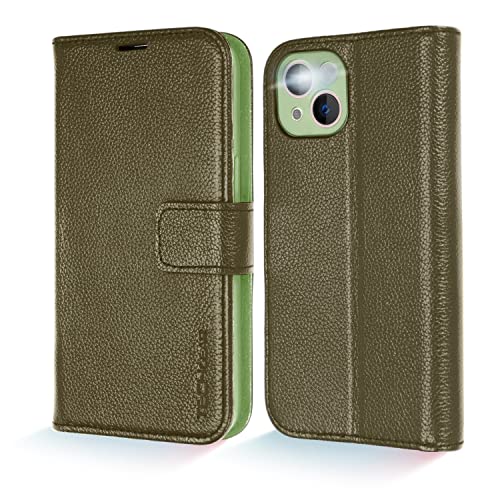 [Leather Wallet Case] Genuine Leather [RFID Blocking] Magnetic Flip Case with Card & Slots and Stand For iPhone 13 6.1"