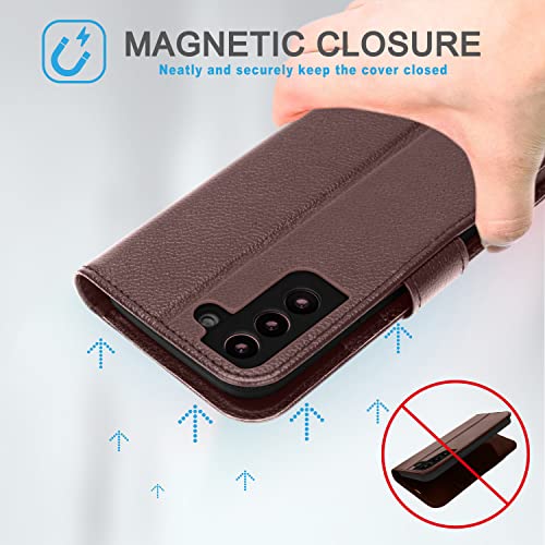[Leather Wallet Case] Genuine Leather [RFID Blocking] Magnetic Flip Case with Card & Slots and Stand For Samsung Galaxy S22 Plus