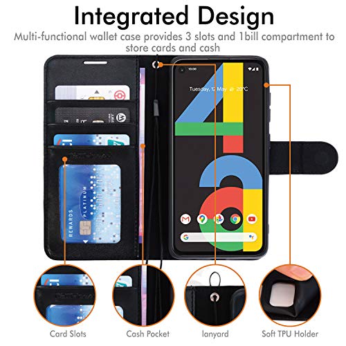 [Wallet Case] Protective Cover with Cash & Card Holder, Stand and Wrist Strap For Google Pixel 4a