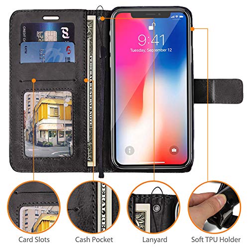 [Wallet Case] Protective Cover with Cash & Card Holder, Stand and Wrist Strap For Apple iPhone XS Max