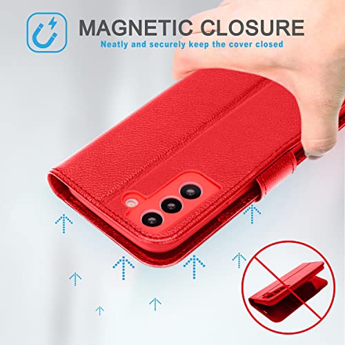 [Leather Wallet Case] Genuine Leather [RFID Blocking] Magnetic Flip Case with Card & Slots and Stand For Samsung Galaxy S22 Plus