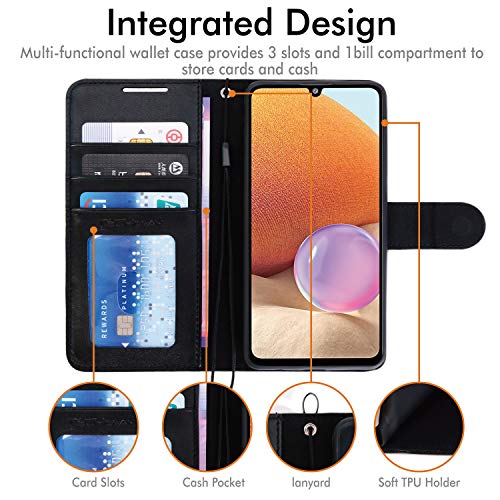 [Wallet Case] Protective Cover with Cash & Card Holder, Stand and Wrist Strap For Samsung Galaxy A32 5G