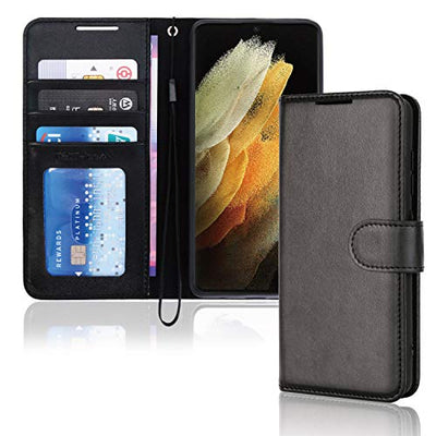 [Wallet Case] Protective Cover with Cash & Card Holder, Stand and Wrist Strap For Samsung Galaxy S21 Ultra