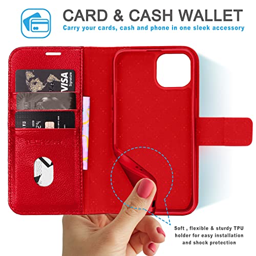 [Leather Wallet Case] Genuine Leather [RFID Blocking] Magnetic Flip Case with Card & Slots and Stand For iPhone 14 6.1"