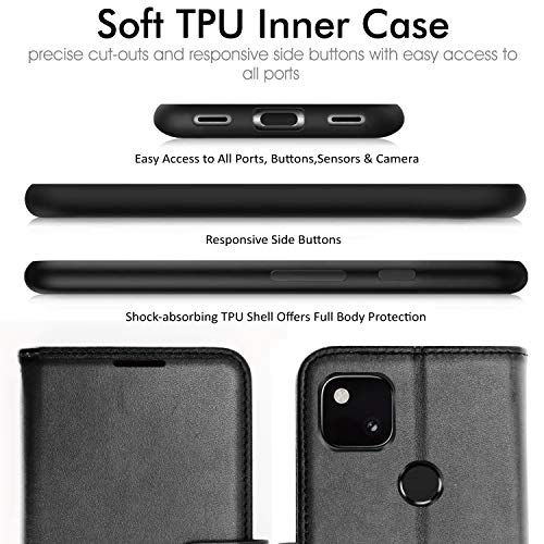 [Wallet Case] Protective Cover with Cash & Card Holder, Stand and Wrist Strap For Google Pixel 4a