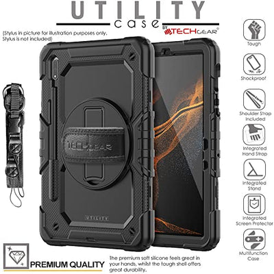TECHGEAR UTILITY Case for Samsung Galaxy Tab S8 11" (SM-X700 / SM-X706) & Tab S7 11" (SM-T870 / SM-T875) Tough Rugged Heavy Duty Armour Case with 360 Rotating Stand, Hand Strap & Shoulder Strap